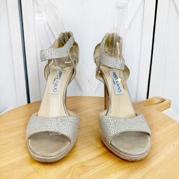 Jimmy Choo 015 Lancer Crystal Suede Strappy Heels Shimmer Silver Open Toe 37 - Picture 4 of 12
